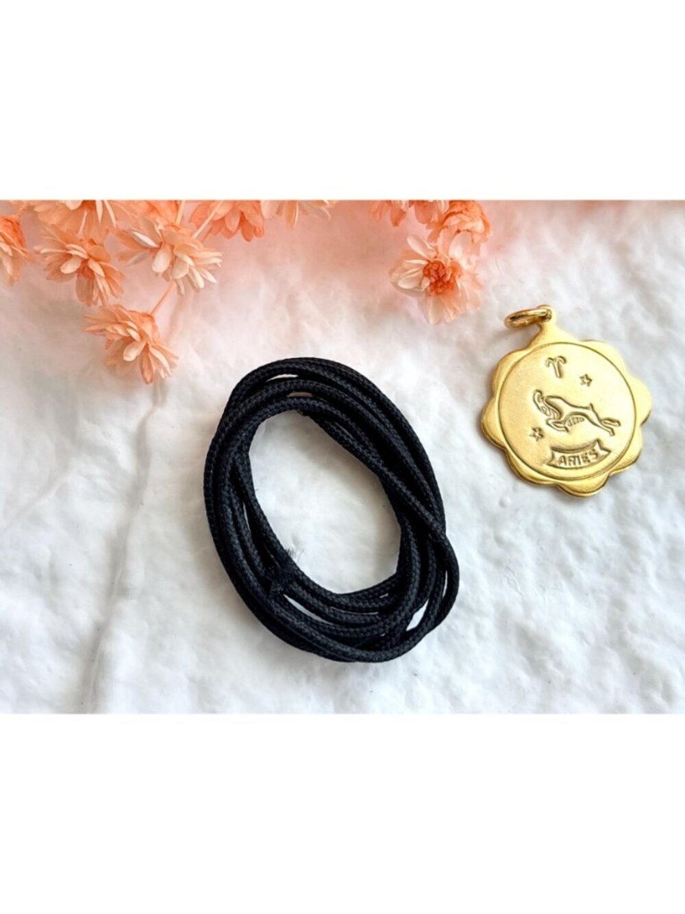 Aries Zodiac Scalloped Gold Toned Vintage Pendant Necklace w/ Black Rope - 26" - Picture 7 of 16
